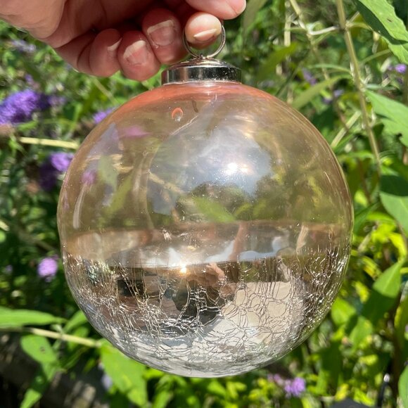 Pier 1 Pink & Silver Crackle Glass Witches Ball-Large Glass Window Ball - Picture 2 of 9